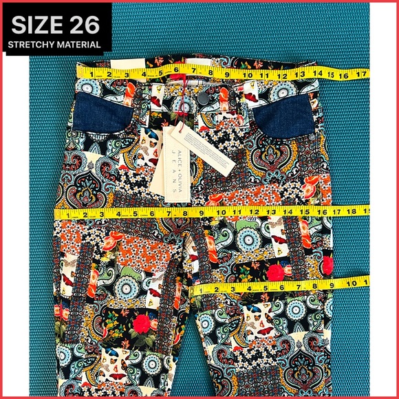 Alice + Olivia Beautiful Patchwork Mid Rise Denim Floral Flared Bell Jeans Pant - Picture 13 of 17